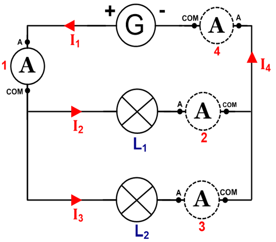 PCCL - Evaluation-bilan électricite 4e cycle4 controle execices corriges -  Additivité des tensions en série - Unicité de la tension en dérivation -  Additivité des intensités à un noeud de dérivation 